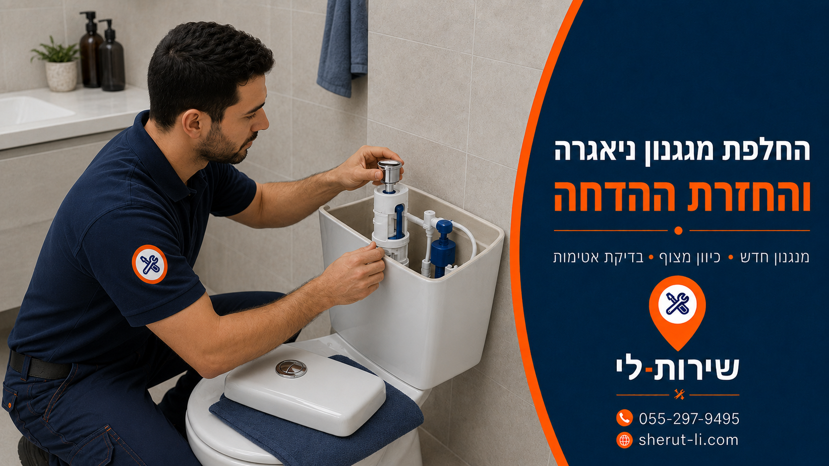 החלפת ניאגרה באשקלון טכנאי מחליף מנגנון ניאגרה בתוך מיכל ההדחה הפתוח