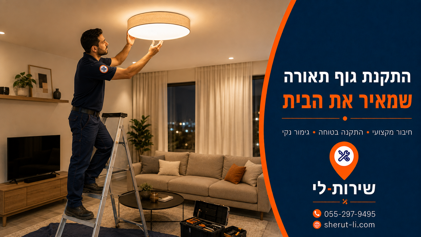 החלפת שקע בהרצליה טכנאי מתקין גוף תאורה בתקרת הסלון על סולם ומדליק אותו
