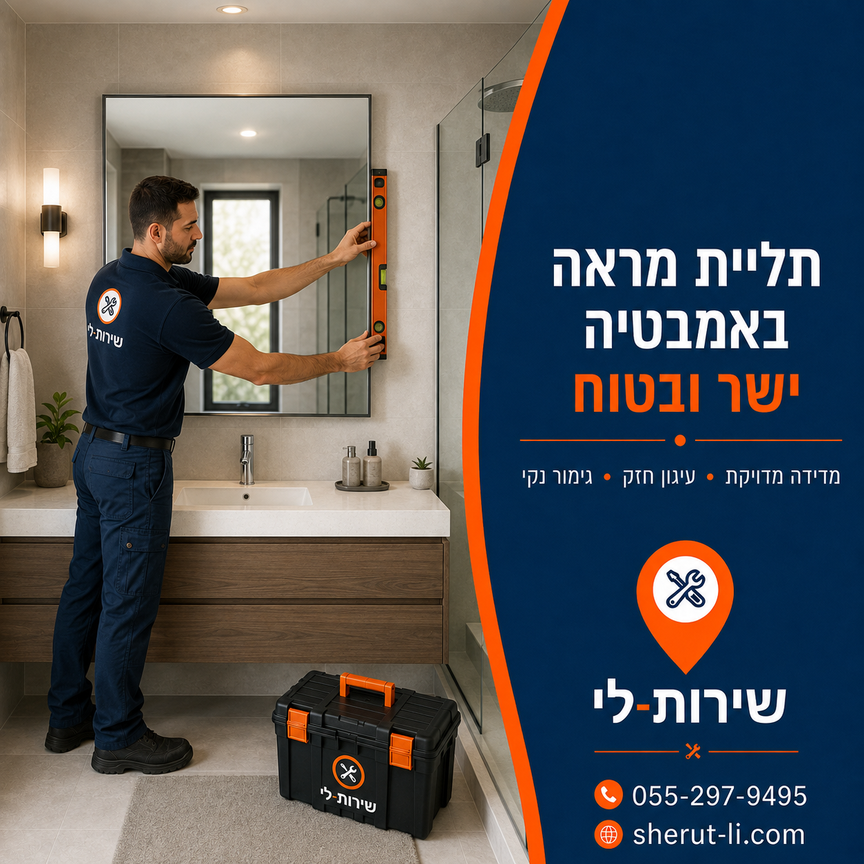 טכנאי תולה מראה גדולה מעל הכיור באמבטיה ומיישר אותה במפלס