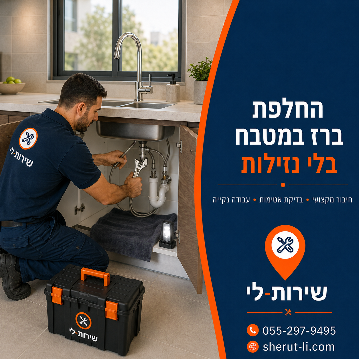 פתיחת סתימה בחולון טכנאי מחליף ברז מטבח עם מפתח צינורות מתחת לכיור