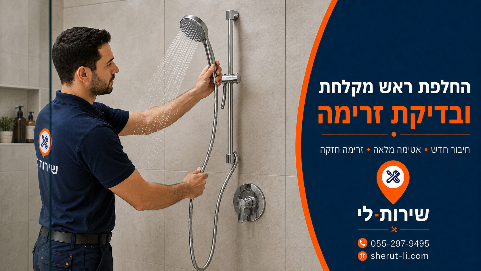פתיחת סתימה בחולון טכנאי מתקין ראש מקלחת חדש ובודק זרימה ואטימות