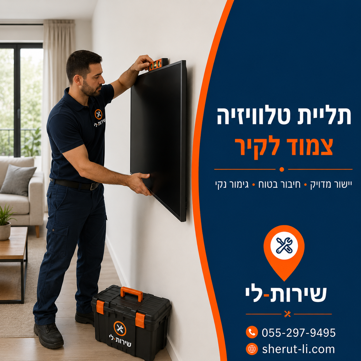 תליית טלוויזיה ברחובות מתקין של שירות לי תולה טלוויזיה צמוד לקיר הסלון