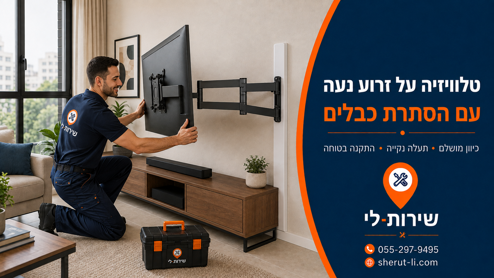 תליית טלוויזיה ברחובות טלוויזיה על זרוע נעה משוכה מהקיר עם כבלים מוסתרים בתעלה