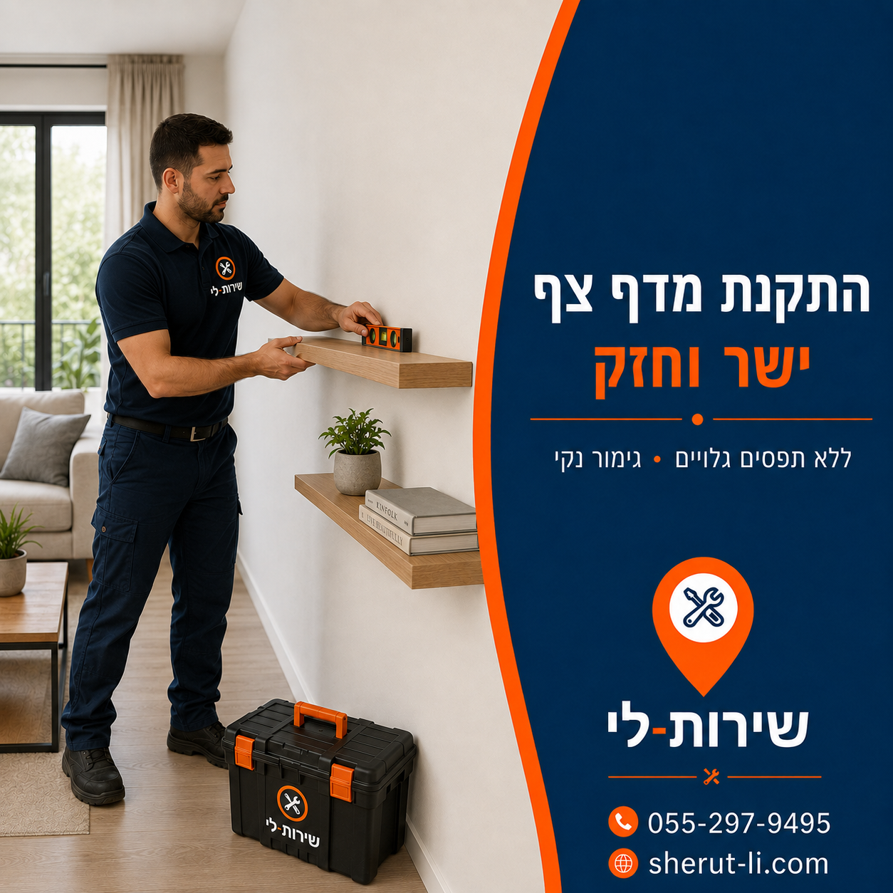 התקנת מדפים בגבעתיים מתקין מדפים מתקין מדף צף ישר על הקיר בלי תפסים גלויים
