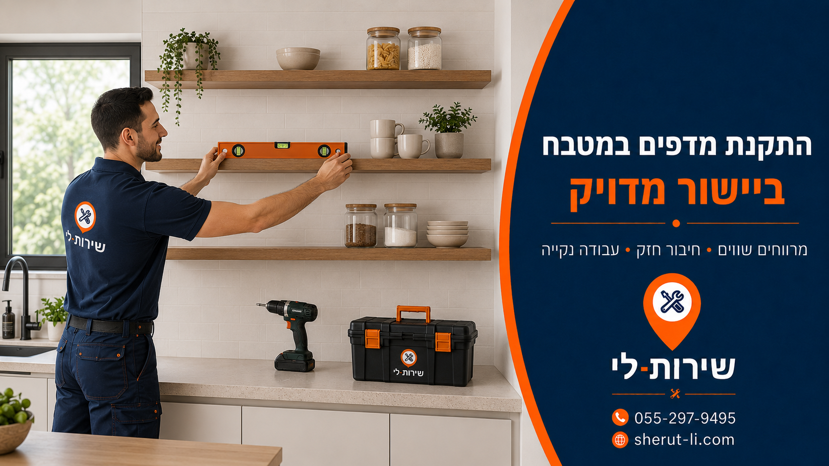 מתקין מטבחים בהרצליה מתקין מדפים מיישר מדפים על קיר המטבח עם מפלס