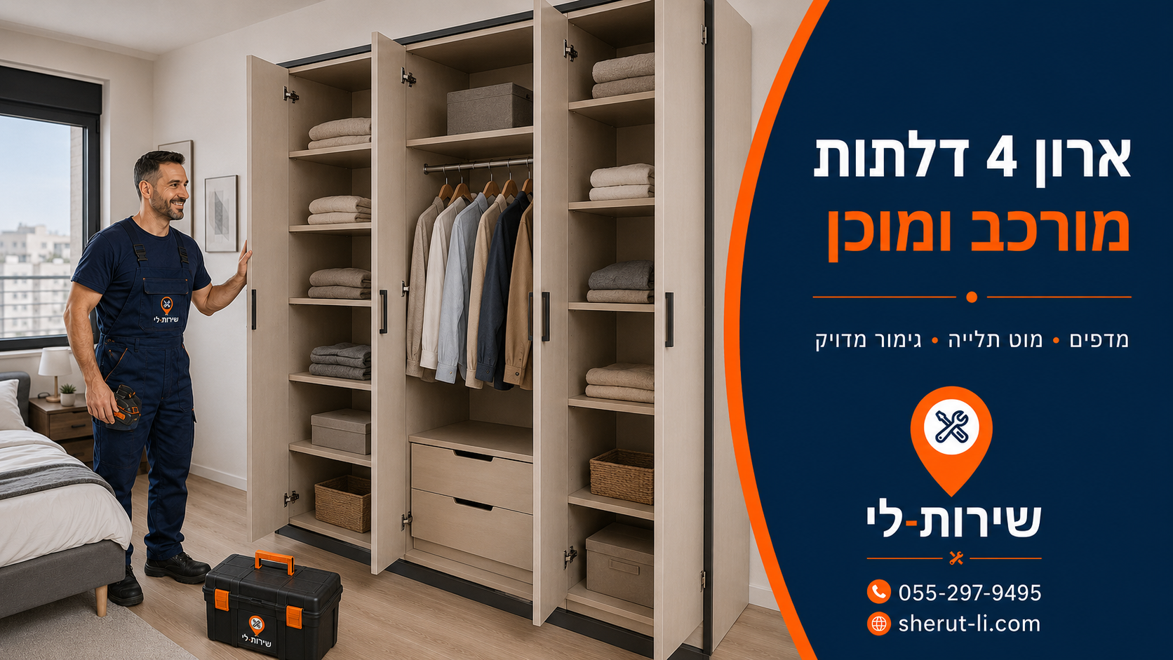 הרכבת ארון בהרצליה ארון ארבע דלתות מורכב עם מדפים ומוט תלייה אחרי הרכבה מקצועית