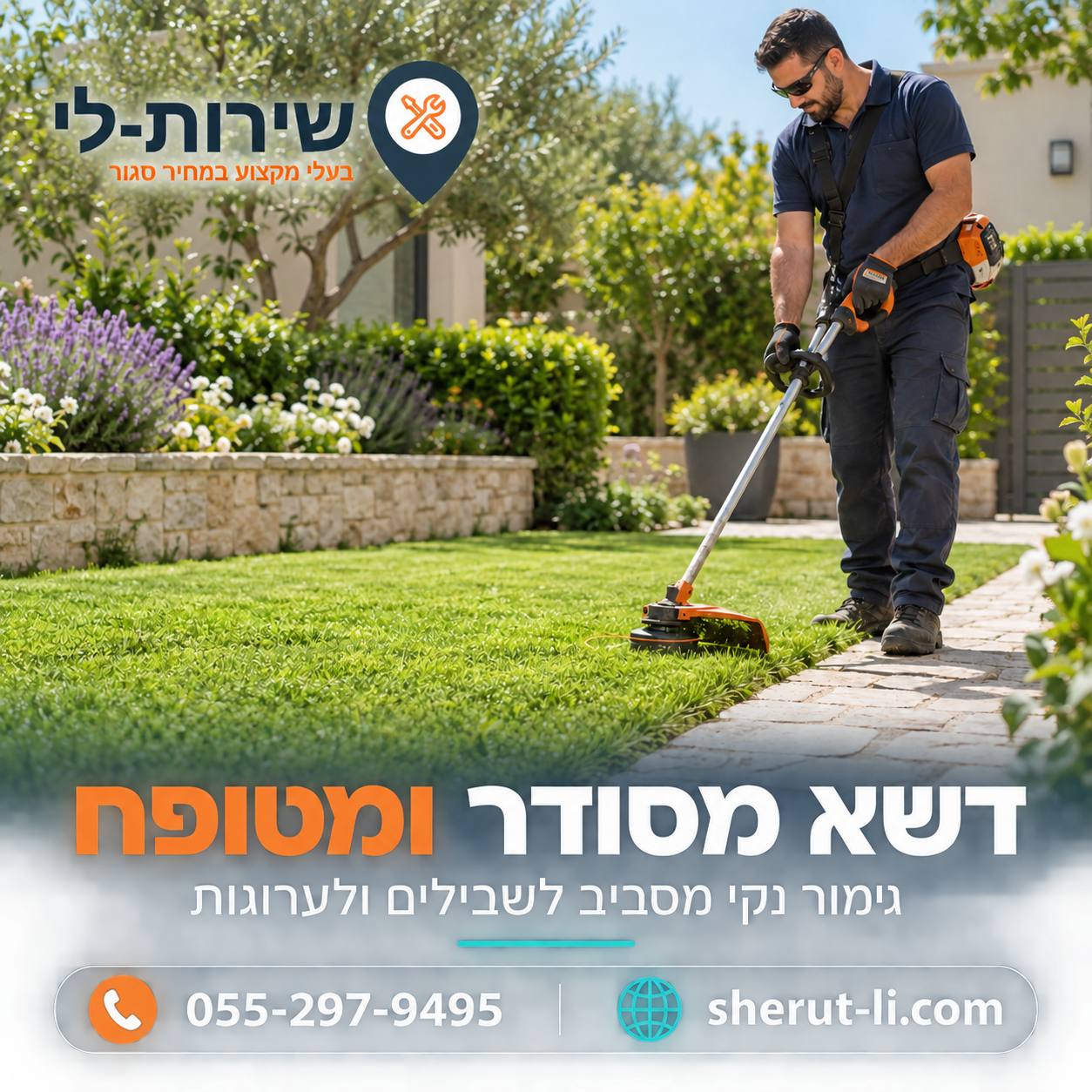 דשא מסודר ומטופח אחרי טרימר לשוליים