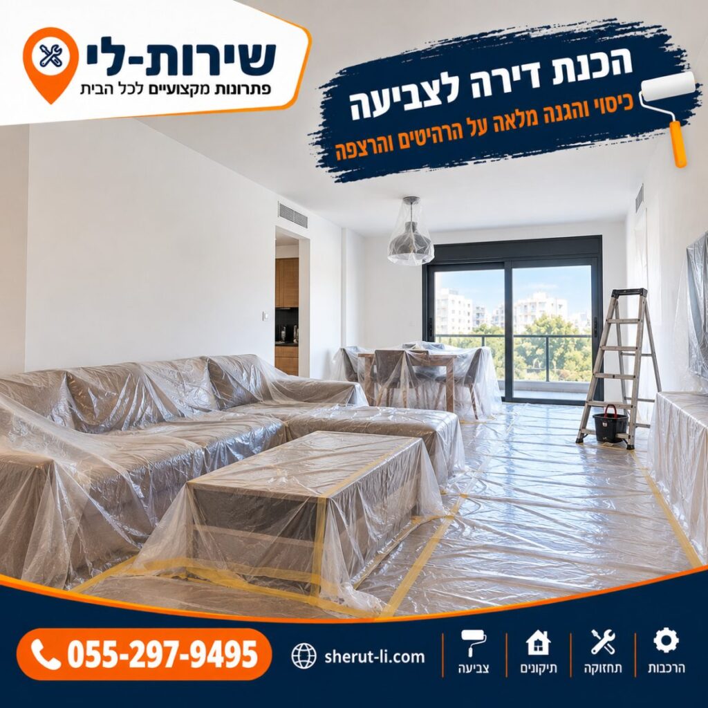 סלון עם רהיטים ורצפה מכוסים בניילון לפני צביעה