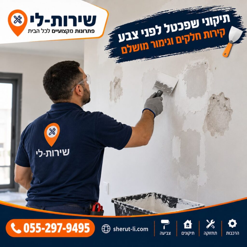 צבעי מבצע תיקוני שפכטל בקיר לפני צביעת הדירה